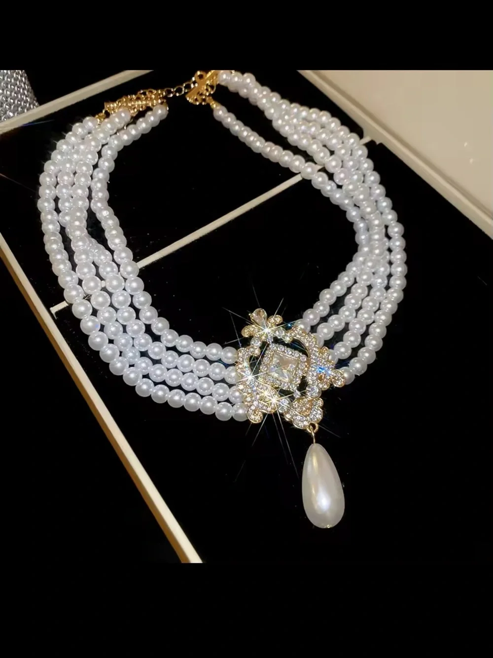 White Pearl Multi-Strand Necklace and Earring set with Gold and Crystal Pendant